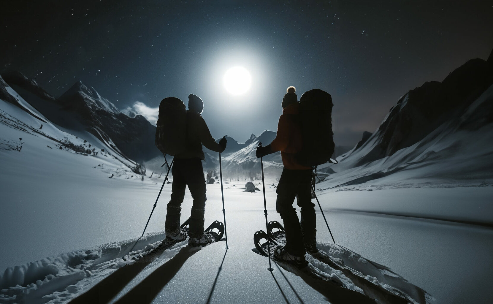 DALL·E-2024-02-16-10.53.59---Two-people-with-snowshoes-stand-in-a-snowy-landscape-at-night,-illuminated-by-the-bright-moon-overhead-v2